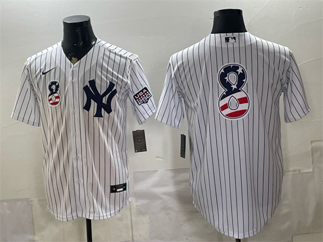 Men's New York Yankees #8 Yogi Berra White 2026 USA 250 Fourth of July Home Stadium Stitched Baseball Jersey Men's New York Yankees #8 Yogi Berra White 2026 USA 250 Fourth of July Home Stadium Stitched Baseball Jersey